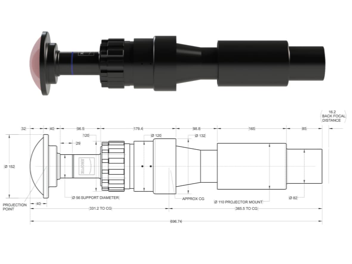 JL4K-4: Technical drawing of projection lens for giant screen solutions
