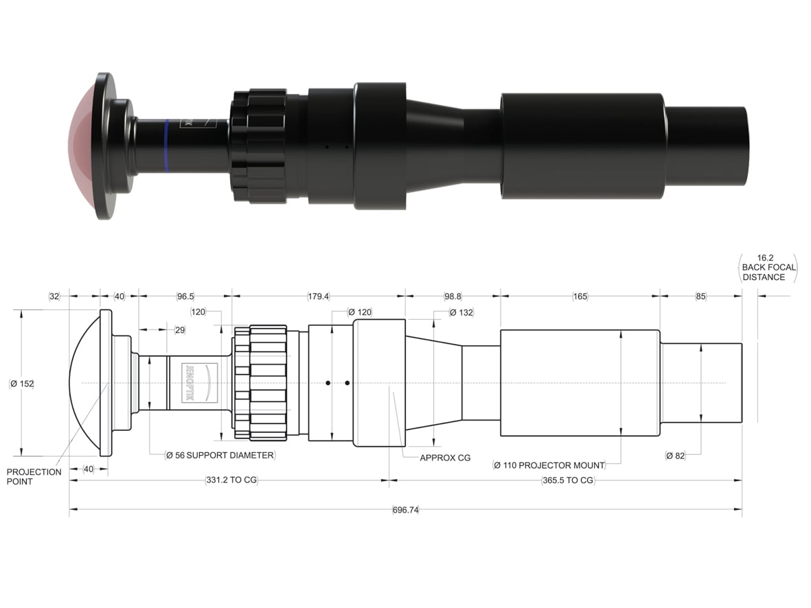 JL4K-4: Technical drawing of projection lens for giant screen solutions JL4K-4: Technical drawing of projection lens for giant screen solutions