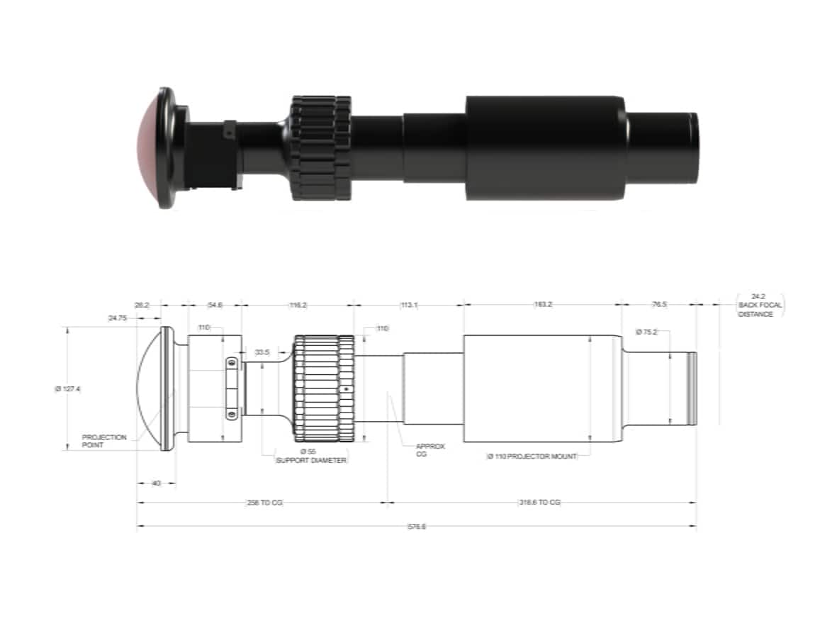 Technical drawing of JL4K-1 projection lens for entertainment