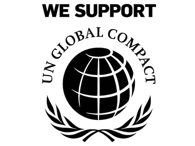 Logo vom UN Global Compact mit schwarzem Globus und Schriftzug "We support"